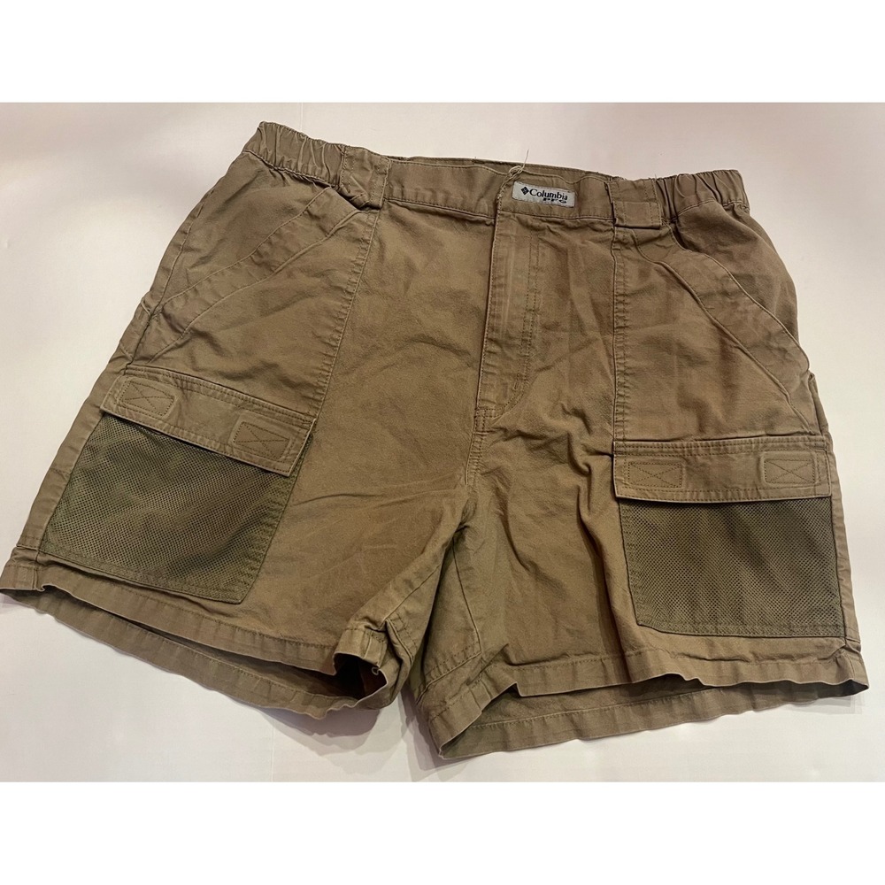 Columbia PFG Mens Cargo Fishing Shorts Tan Khaki Large Elastic Waist Outdoor